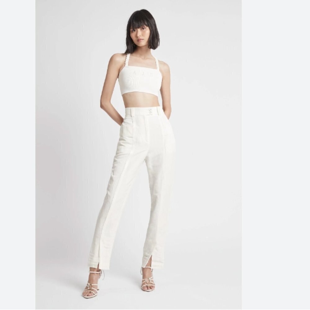 AJE WHITE LINEN BLEND MARTINO TAPERED LEG FRAY PANTS - 4 - Picture 2 of 13